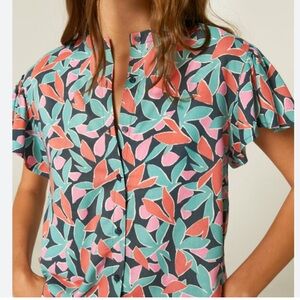 Compania Fantastica Ruffle Sleeve Leaf Print Colourful Short Sleeve Blouse, L